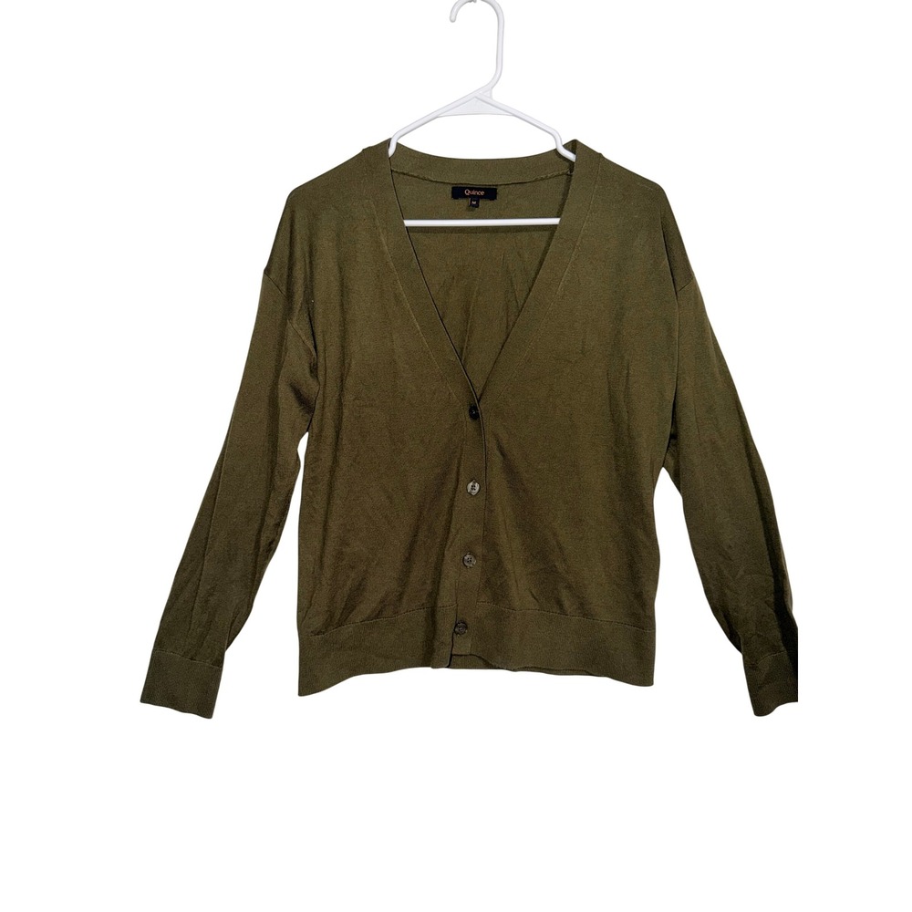 Quince Women Olive Green V-Neck Button Front Drop Shoulder Cardigan Sweater M